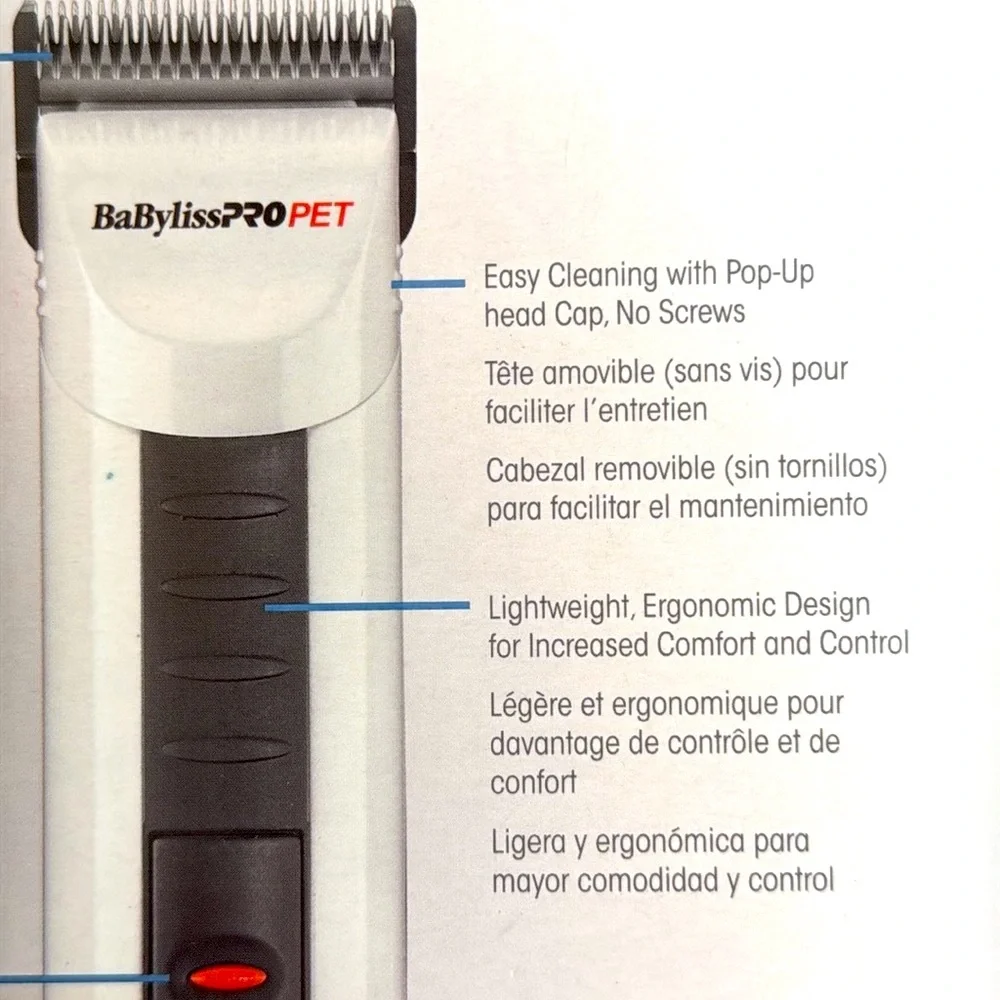BabylissPRO PET Clipper. Lightweight. 10’ tangle free cord, 4 comb attachments.